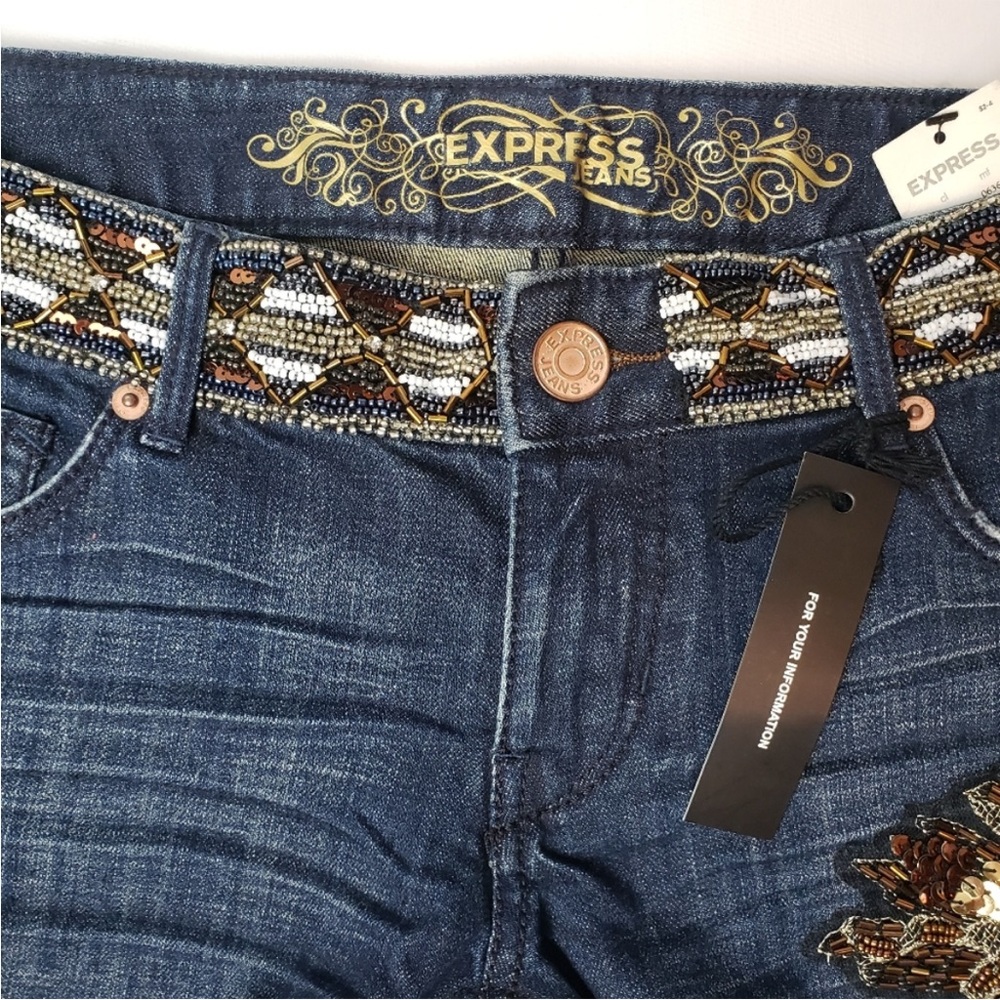 NWT Express gorgeous bronze gold and white sequined and beaded blue jeans - Picture 5 of 16